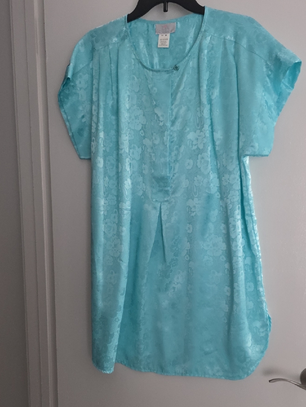 Turquoise Floral Satin Night Gown Womans Size M Excellent Condition